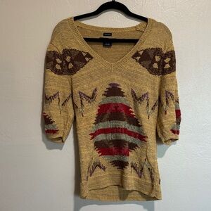 Ralph Lauren Gold and Brown linen, cotton and silk blend  V-Neck Sweater